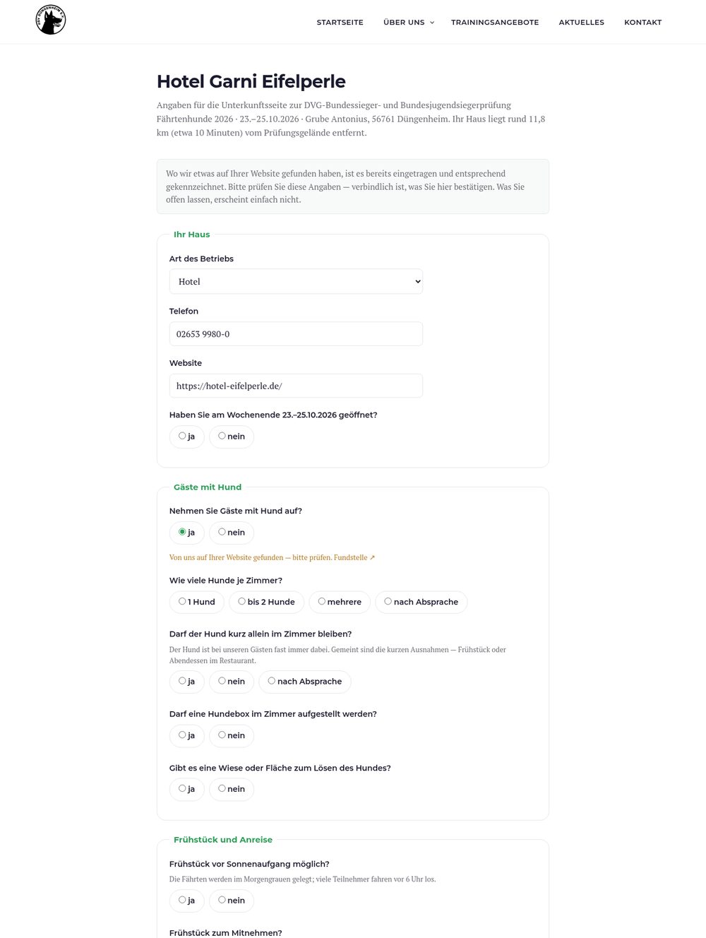 Formular, das ein Betrieb über seinen persönlichen Link ausfüllt