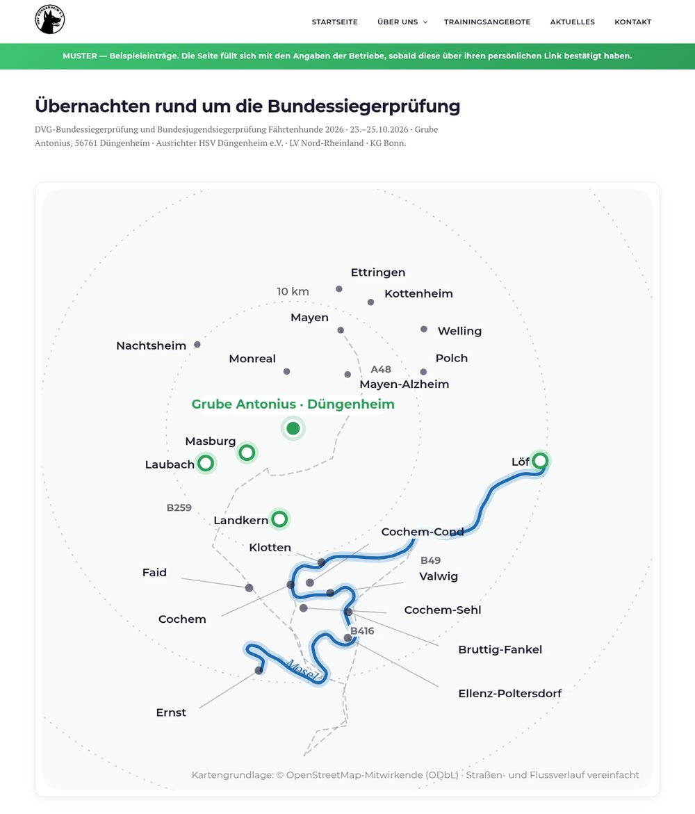 Musterseite der Unterkunftsübersicht mit Karte der Region um Düngenheim