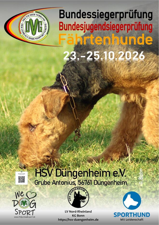 Plakat: DVG-Bundessieger- und Bundesjugendsiegerpr&uuml;fung F&auml;hrtenhunde, 23. bis 25. Oktober 2026, HSV D&uuml;ngenheim e.V., Grube Antonius, 56761 D&uuml;ngenheim